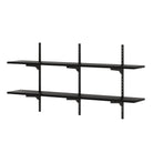 A two-tier wall-mounted shelving unit for living room decor with black metal rails, black brackets, and matching black wood boards in a sleek modern finish.