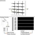 A  4-tier black wall shelf, 48" wide and 48" rail height. Shows 8–9" depth and 0.6" thickness. Includes 3 rails, 3 wood boards, 6 metal brackets, screws, anchors, and installation manual.