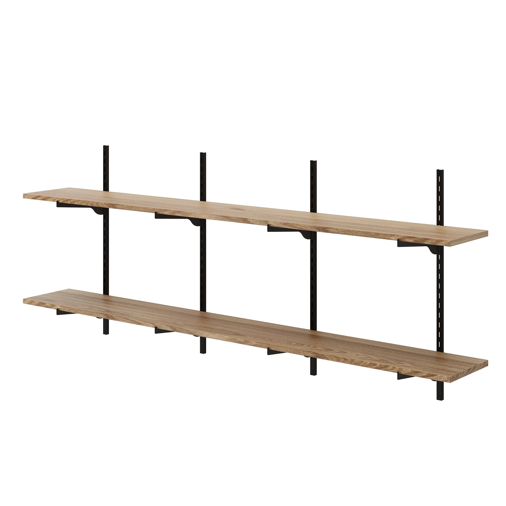 2 tiered 60 inch long boho shelving unit  with black adjustable brackets on a white background