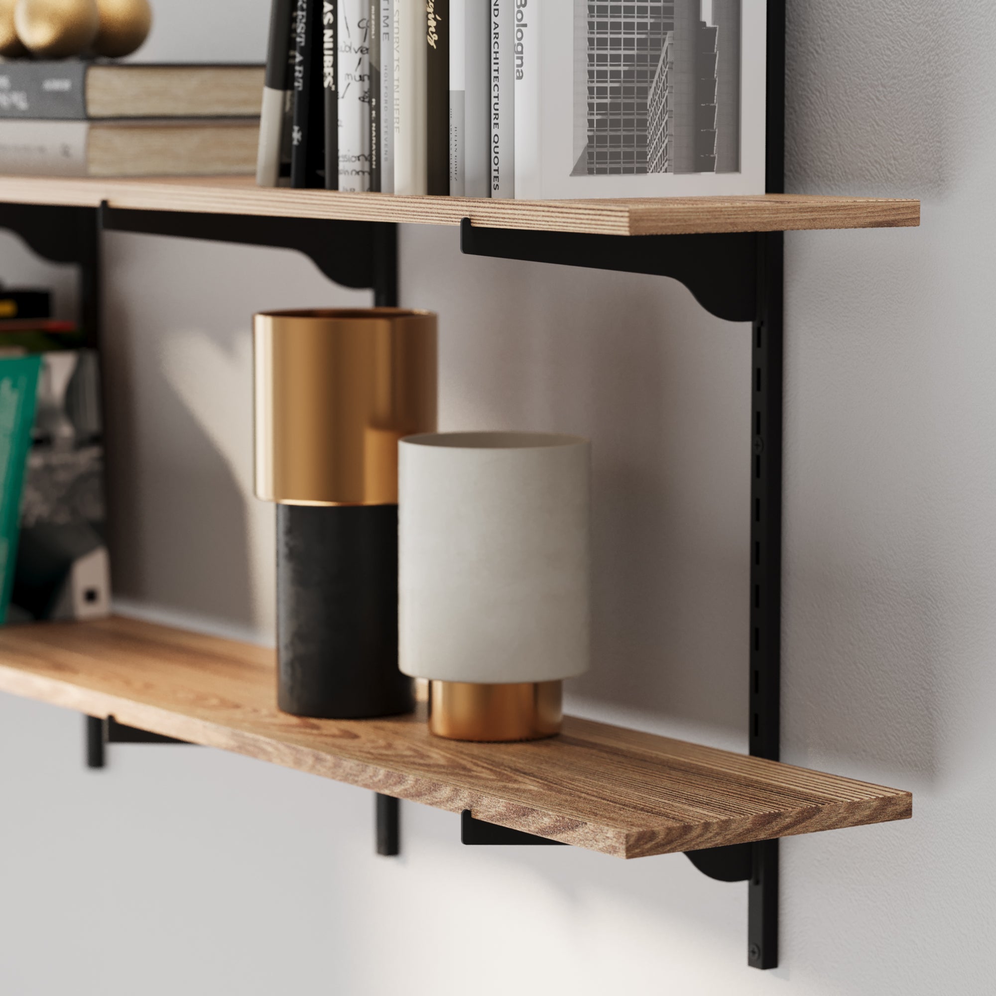 Rustic shelf with decorative items against a neutral wall