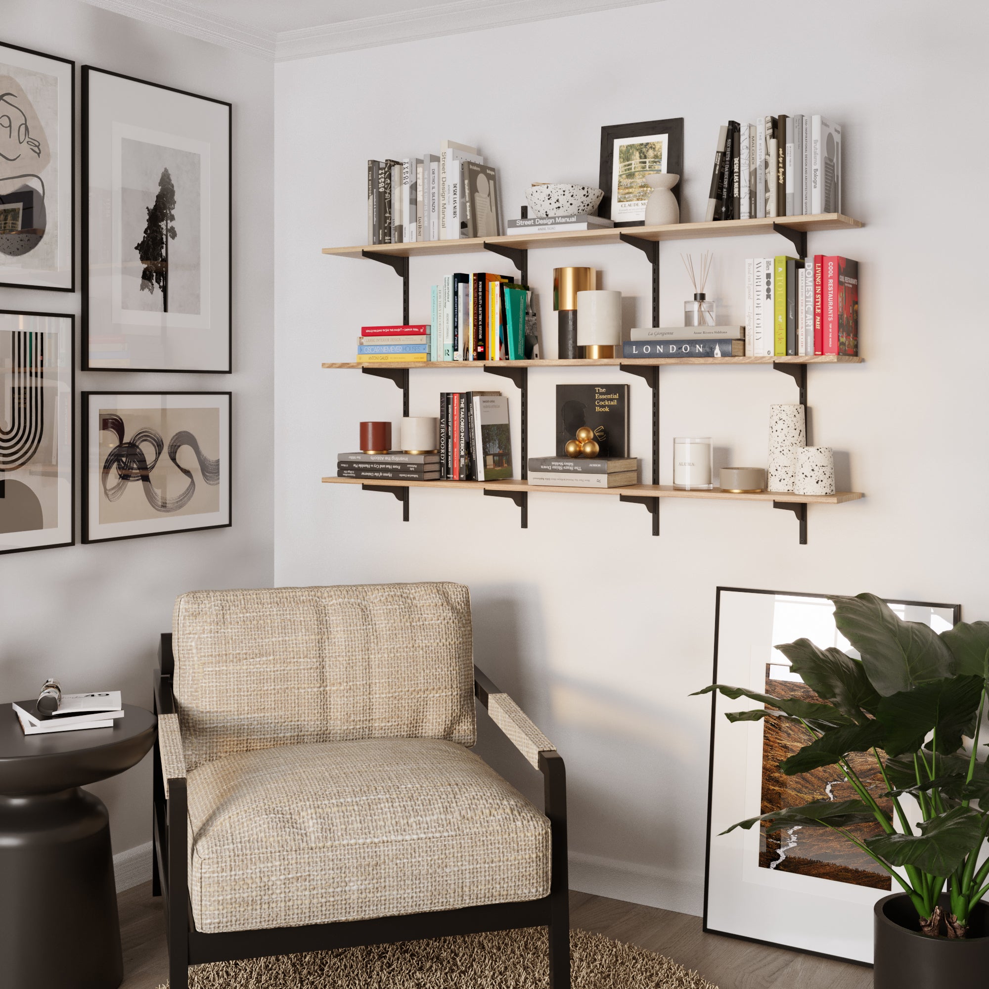 Modern living room with a farmhouse wall bookshelf 3 tier, armchair, and decorative elements.
