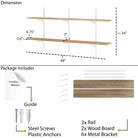 Dimension and package layout showing 48" width, 24" height, 6.75–7" depth, and 0.6" thickness. Includes 3 rails, 2 wood boards, 6 brackets, screws, anchors, and manual.