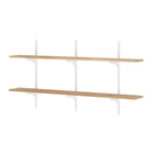 Two long wooden hanging shelves mounted on white adjustable rails and brackets, displayed against a clean white background.