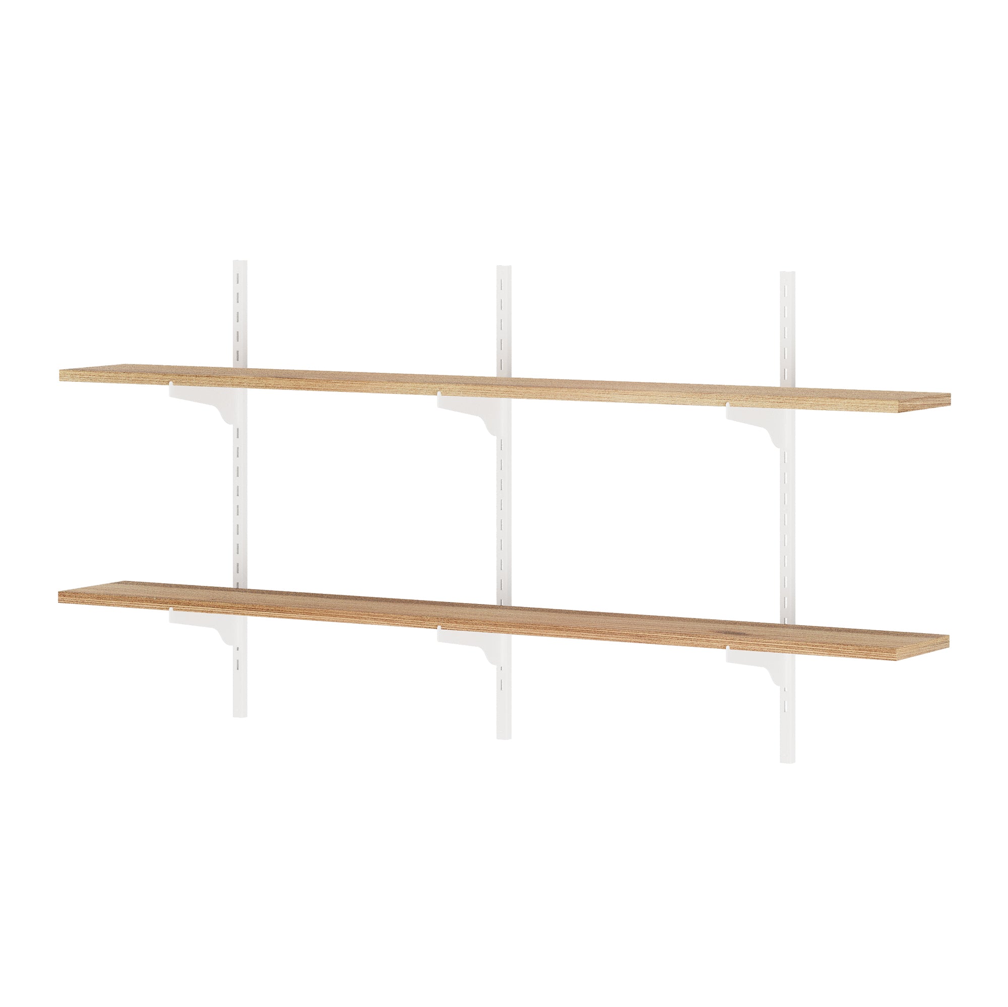 Two long wooden hanging shelves mounted on white adjustable rails and brackets, displayed against a clean white background.