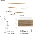 Dimension and package layout showing 48" width, 36" height, 6.75–7" depth, and 0.6" thickness. Includes 3 rails, 3 wood boards, 9 brackets, screws, anchors, and manual.