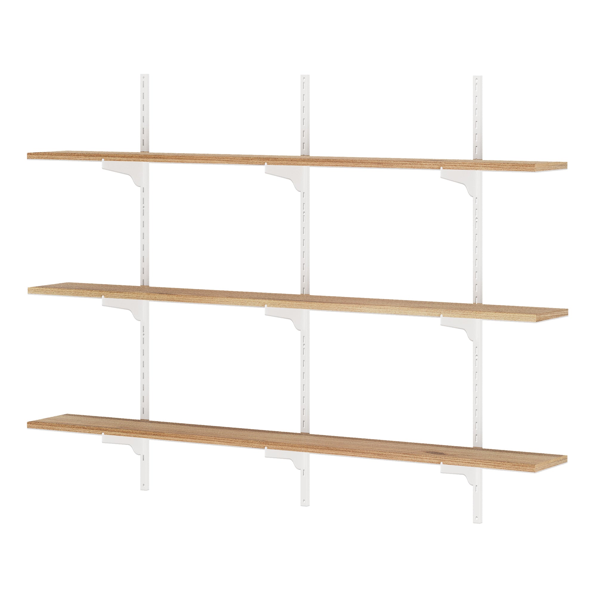 Three tier rustic shelving unit with heavy duty metal brackets and rails in white color.