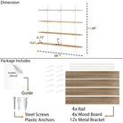 Dimension and package overview showing 48" width, 48" height, 6.75–7" depth, and 0.6" thickness. Includes 4 rails, 4 wood boards, 12 brackets, screws, anchors, and manual.
