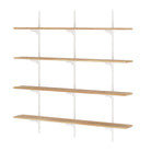 Four long wooden shelves mounted on white adjustable rails and brackets, displayed on a clean white background for clear product visibility.