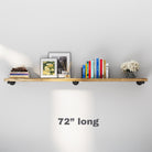 A sleek 72-inch hanging shelf styled with books, frames, and a vase. Ideal for displaying collectibles or organizing essentials.