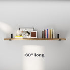 A single 60 inch rustic storage shelf with neatly arranged books and frames. Clean and modern, suitable for minimalistic interiors with ample space for decor.