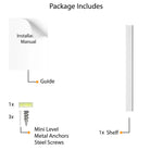 Contents included in the package when purchasing the "White" shelf. The package includes an installation manual, three metal anchors, three steel screws, a mini level, hole stickers, and the shelf itself. These components ensure that customers have everything they need for easy and secure installation.