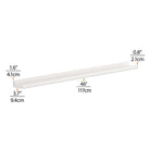 Dimensions of the "White" shelf. The shelf measures 46 inches (117 cm) in length, 3.7 inches (9.4 cm) in depth, and 1.6 inches (4.1 cm) in height. The thickness of the shelf is 0.8 inches (2.1 cm). These measurements help customers confirm that the shelf will fit in their desired space and meet their specific requirements.