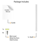 A detailed diagram what is included in the package when purchasing the shelf. It shows the shelf, an installation manual, hole stickers, a mini-level, metal anchors, and screws. This visual ensures customers know exactly what they will receive and the components necessary for a straightforward installation process.