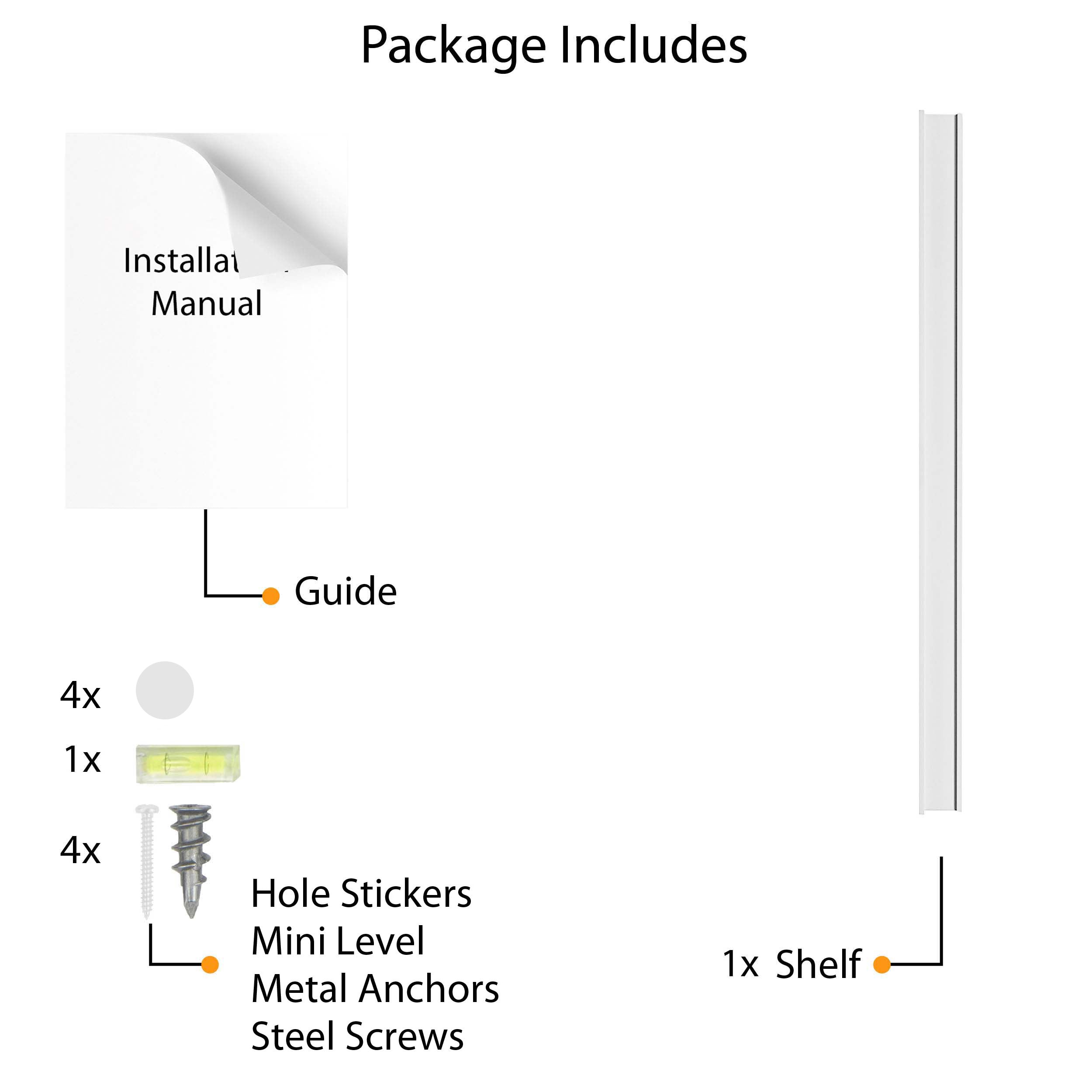 A detailed diagram what is included in the package when purchasing the shelf. It shows the shelf, an installation manual, hole stickers, a mini-level, metal anchors, and screws. This visual ensures customers know exactly what they will receive and the components necessary for a straightforward installation process.