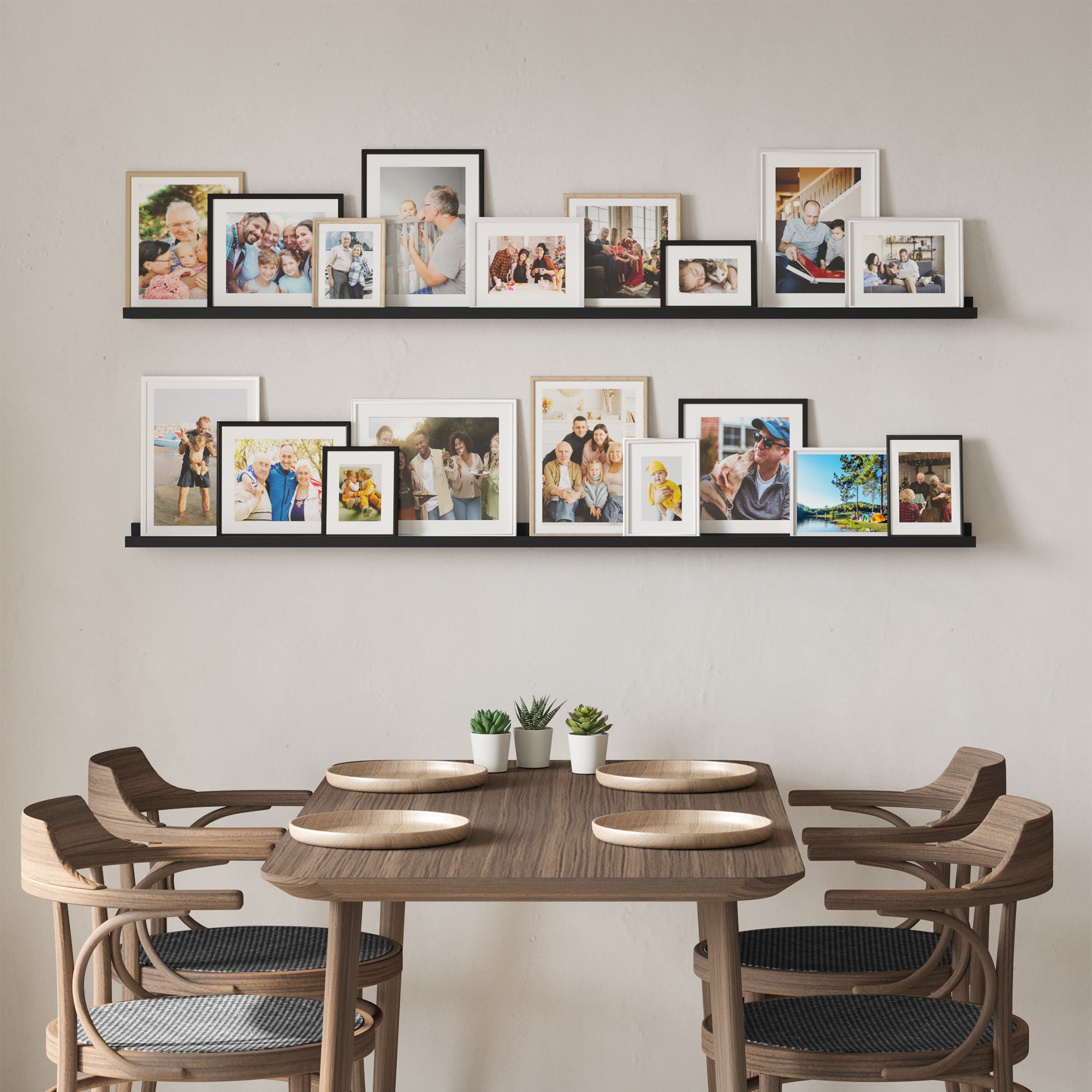 Dining area with family photos on picture shelves black, wooden chairs, and a table.