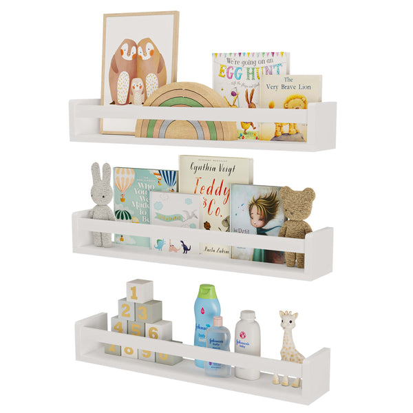 24'' Nursery Book Shelves, Wall Bookshelf for Kids, Wood Floating Shelves for Kids Room - Set of 3 - White