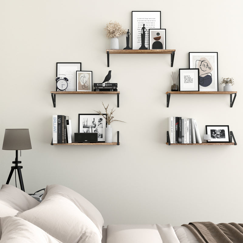 PONZA 24”Floating Shelves and Wall Bookshelf for Bedroom Decor - Set of 1, or 5 -Natural Burned - Wallniture