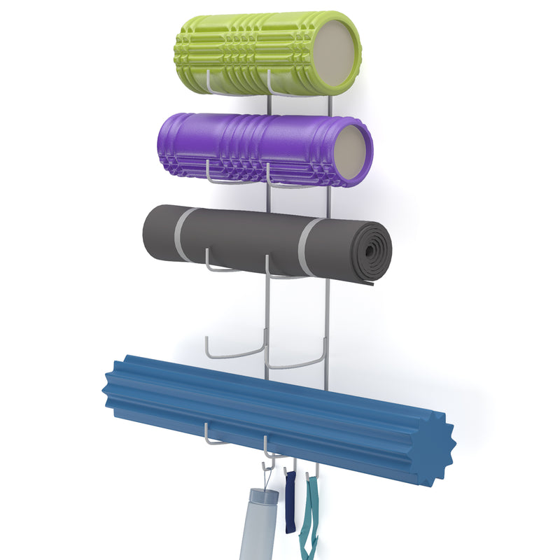 GURU Wall Mount Yoga Mat holder & Foam Roller Rack with Hooks for Hanging - 5 Sectional - White - Wallniture
