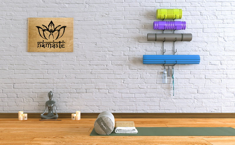 Wall Mount Yoga Mat Holder & Foam Roller Rack With Hooks for