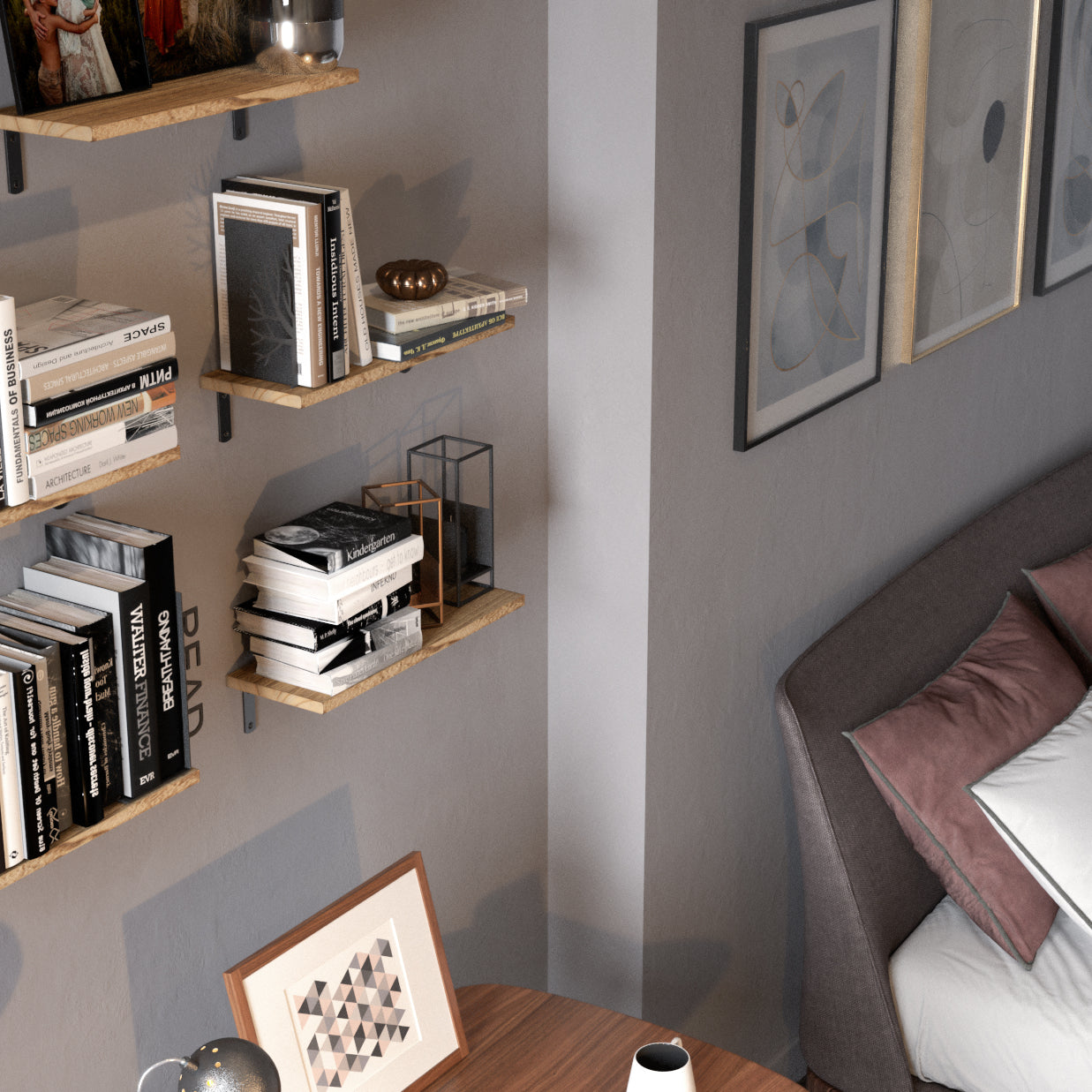 PALMA 17" Rustic Floating Shelves, Wall Bookshelf for Bedroom Decor – Set of 5 – Natural Burned - Wallniture