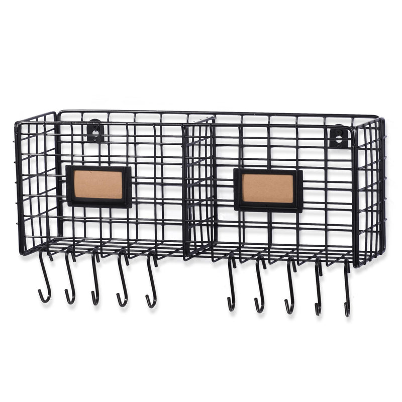 AMALFI Wire Basket for Bathroom Decor Wall Mounted Bathroom Organizer with 10 Hooks for Hanging - 2 Sectional  - Black - Wallniture