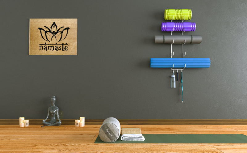 GURU Wall Mount Yoga Mat holder & Foam Roller Rack with Hooks for