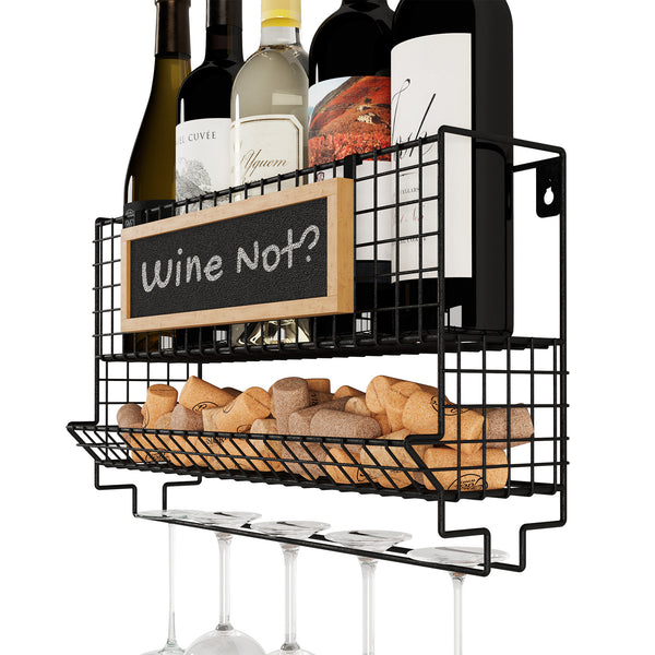 CORK Hanging Wine and Glass Rack & Wall Mounted Wine Rack with Wire Wine Cork Storage for Kitchen - Black - Wallniture