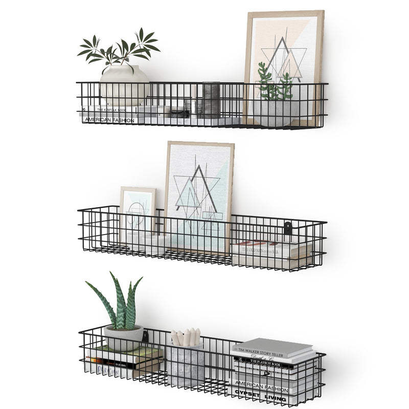 KANSAS Wire Wall Baskets with 24", 25" and 26" Length - Set of 3 - Black, Gray, White - Wallniture