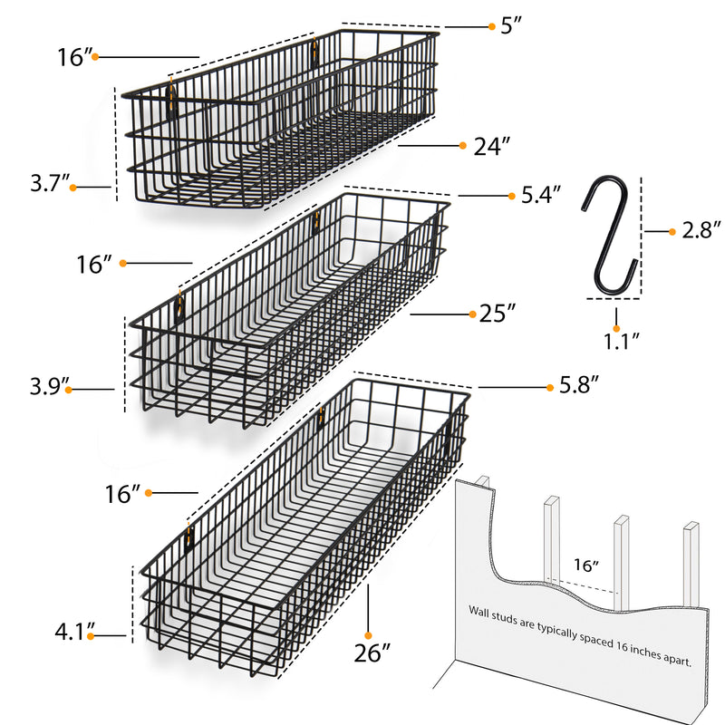 KANSAS Wire Wall Baskets with 24", 25" and 26" Length - Set of 3 - 10 Hooks - Black, Gray, White - Wallniture