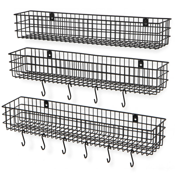 KANSAS Wire Wall Baskets with 24", 25" and 26" Length - Set of 3 - 10 Hooks - Black, Gray, White - Wallniture