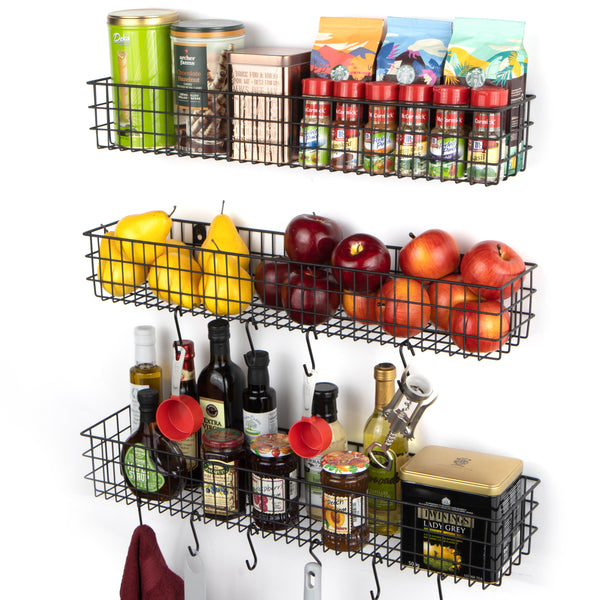 KANSAS Wire Fruit Basket, Kitchen Organization and Storage Rack - Multi-size - Set of 3 - 10 Hooks - Black - Wallniture