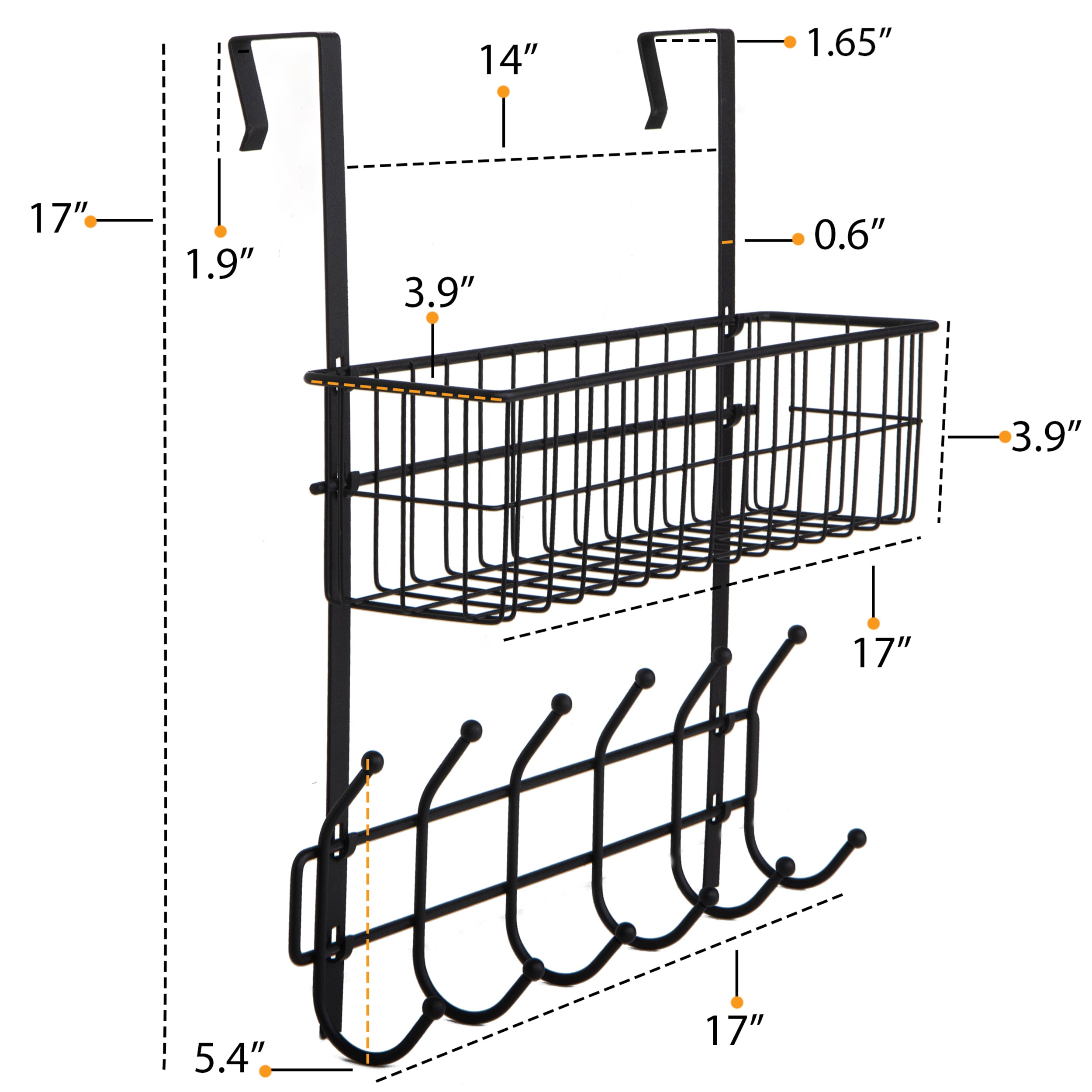 PORTA Over the Door Hook – 6 Hooks with Wire Basket  – Black - Wallniture