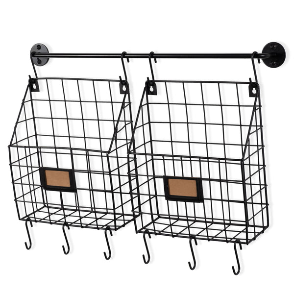RITA Wire Baskets with Rail and Hooks - Black - Wallniture