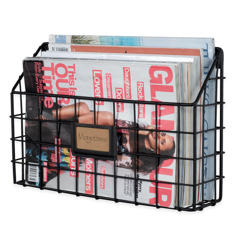 RIVISTA Wire Basket for Office Decor, Wall Mount Magazine holder - 13.25" Width - Set of 1, or 2 - Black - Wallniture