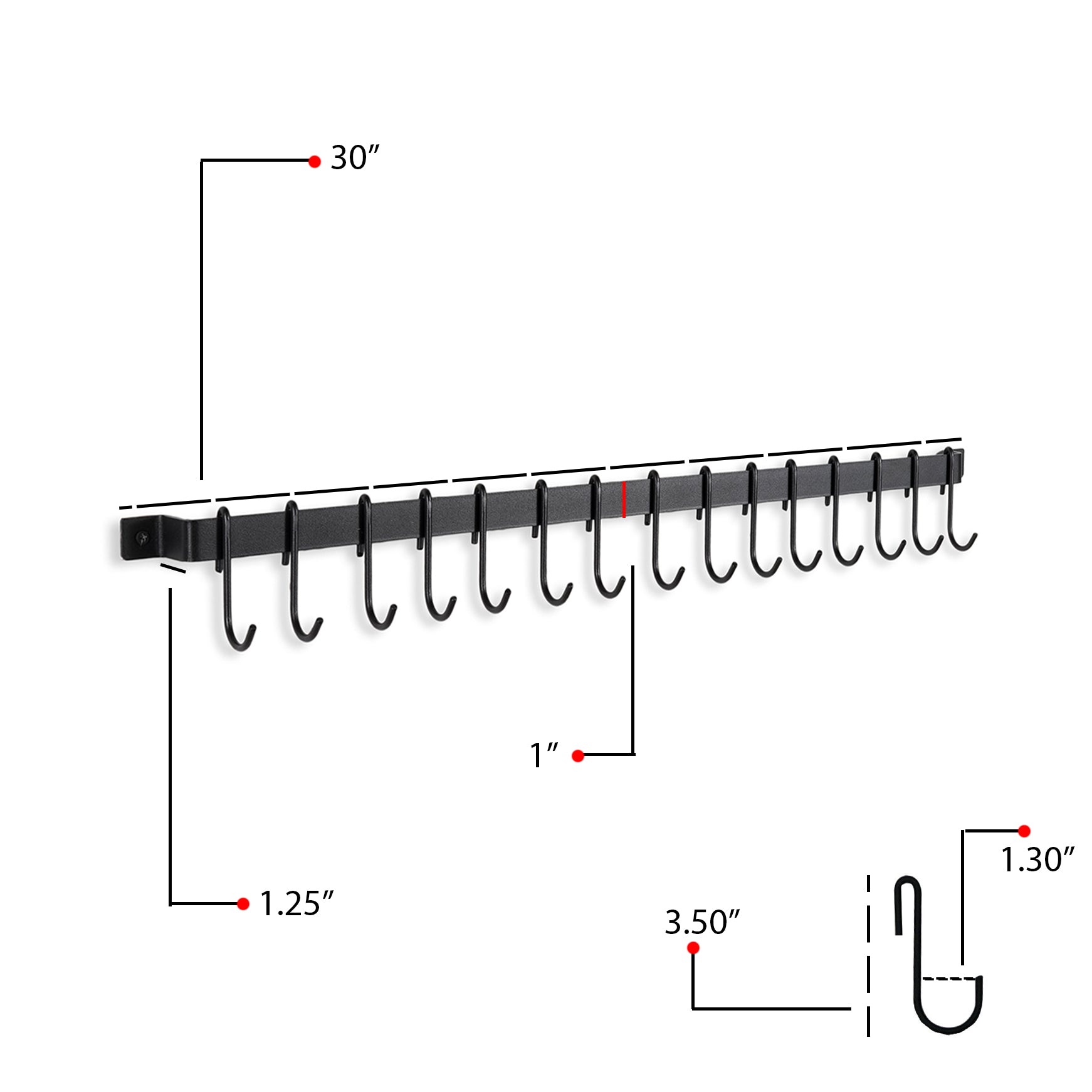 CASTO Wall Mount Kitchen Utensil Holder with S Hooks for Hanging - 17" with 10 Hooks - 30" with 15 Hooks - Black - Wallniture