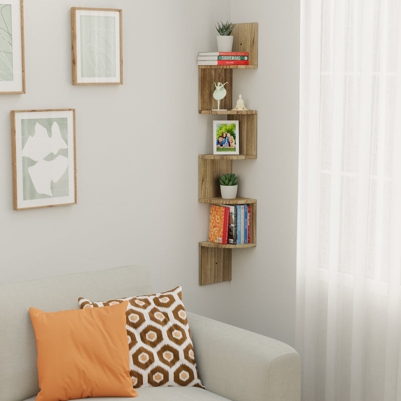 ANGOLO Corner Shelf Wall Mount, 5 Tier Book Shelf for Wall Décor, DVD Storage, Plant Shelf Living Room - Burnt