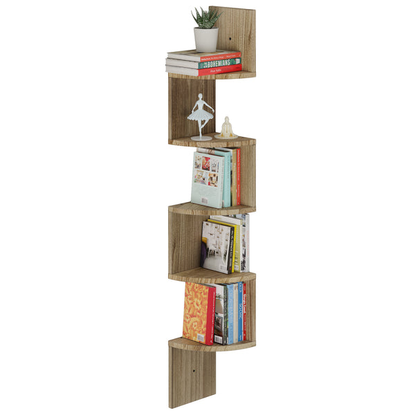ANGOLO Corner Shelf Wall Mount, 5 Tier Book Shelf for Wall Décor, DVD Storage, Plant Shelf Living Room - Burnt