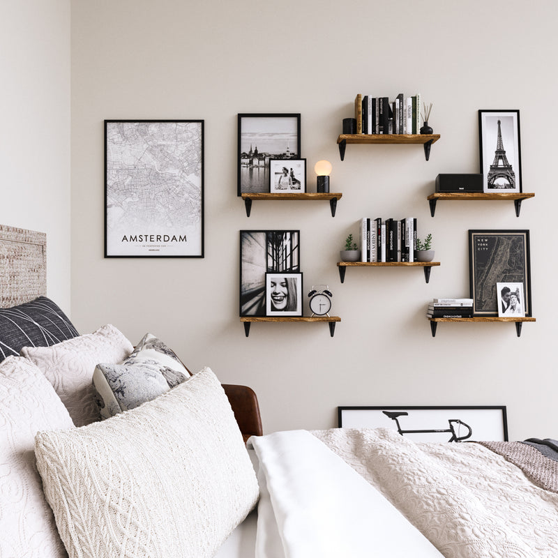 ARRAS 17” Rustic Floating Shelves and Wall Bookshelf for Bedroom Decor – Set of 6 - Natural Burned - Wallniture