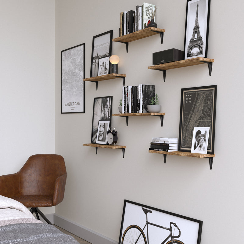 ARRAS 17” Rustic Floating Shelves and Wall Bookshelf for Bedroom Decor – Set of 6 - Natural Burned - Wallniture