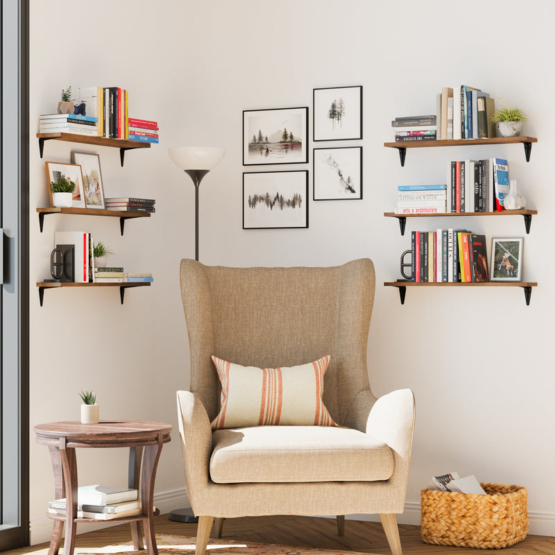ARRAS 24" Floating Shelves for Wall, Bookshelves & Wall Storage Shelves for Living Room -  Set of 6 - Walnut