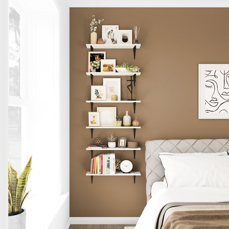 ARRAS Floating Shelves for Living Room Decor, 24"x 6" Wall Shelves - White - Set of 6, or 9