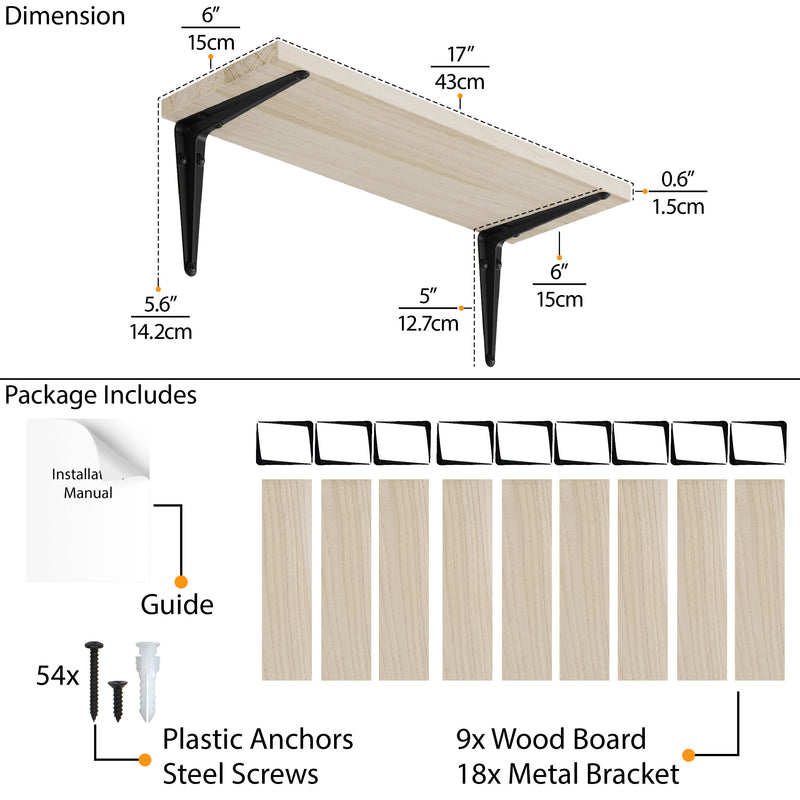 ARRAS 24" x 6" Floating Shelves for Wall Decor, Bookshelf Living Room Decor - Natural Board - Set of 9