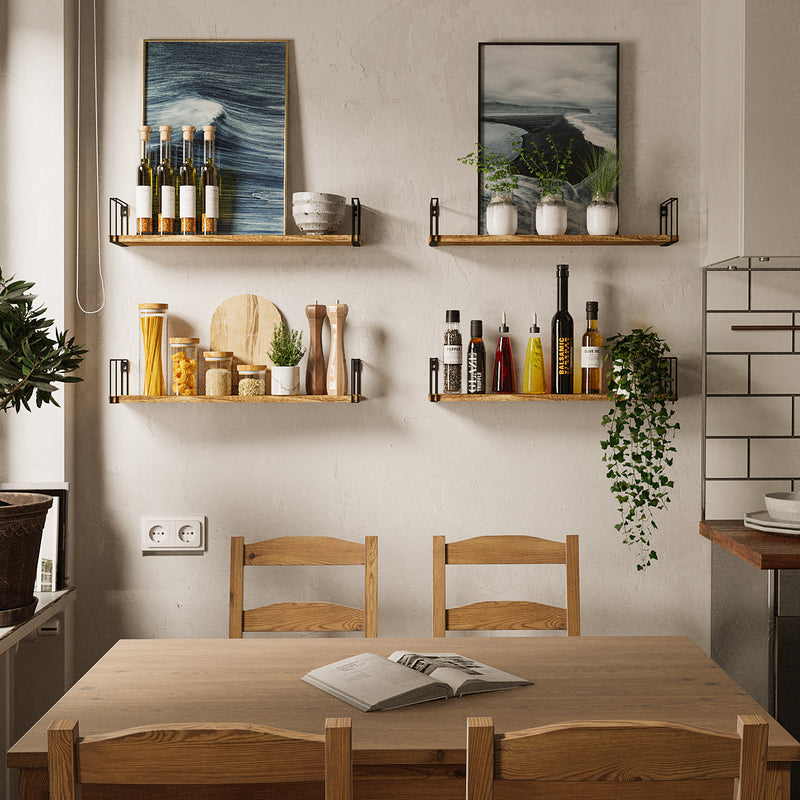AVILA Kitchen Floating Shelves and Spice Rack Wall Mount – 24” Length – Set of 4 - Natural Burned - Wallniture
