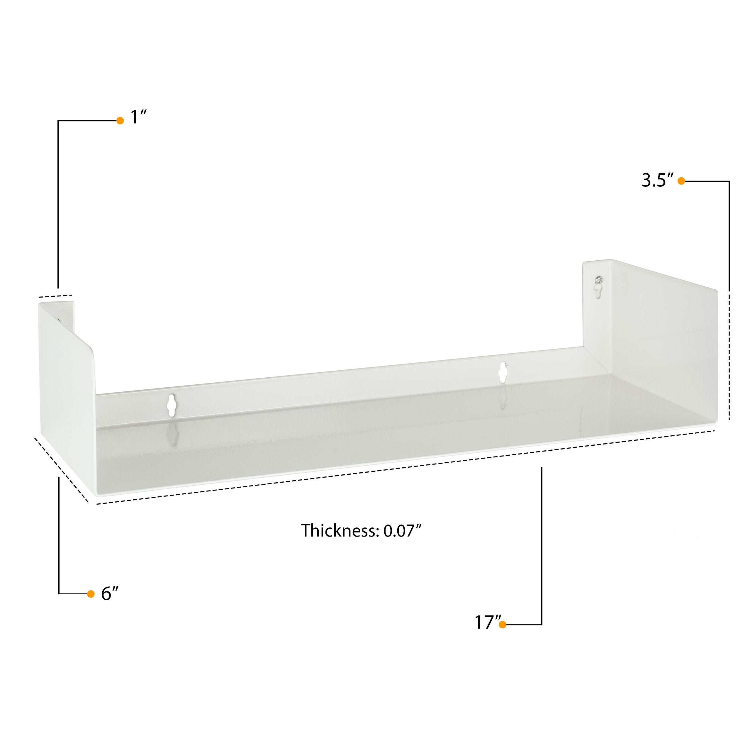 This metal U-shaped shelf white measures 17" in length, 6" in depth, and 3.5" in height, with a 0.07" thickness, perfect for compact storage.