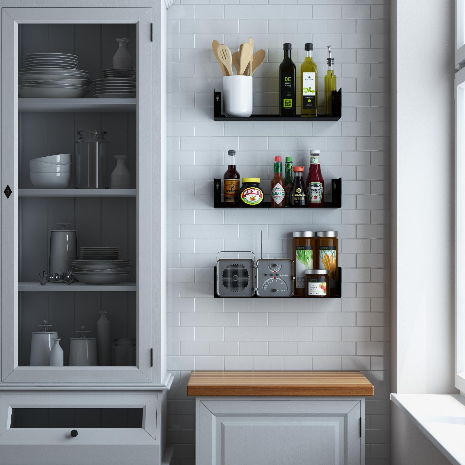 BALI U Shape Kitchen Shelves and Wall Mount Spice Rack – 17" Length – Black - Wallniture