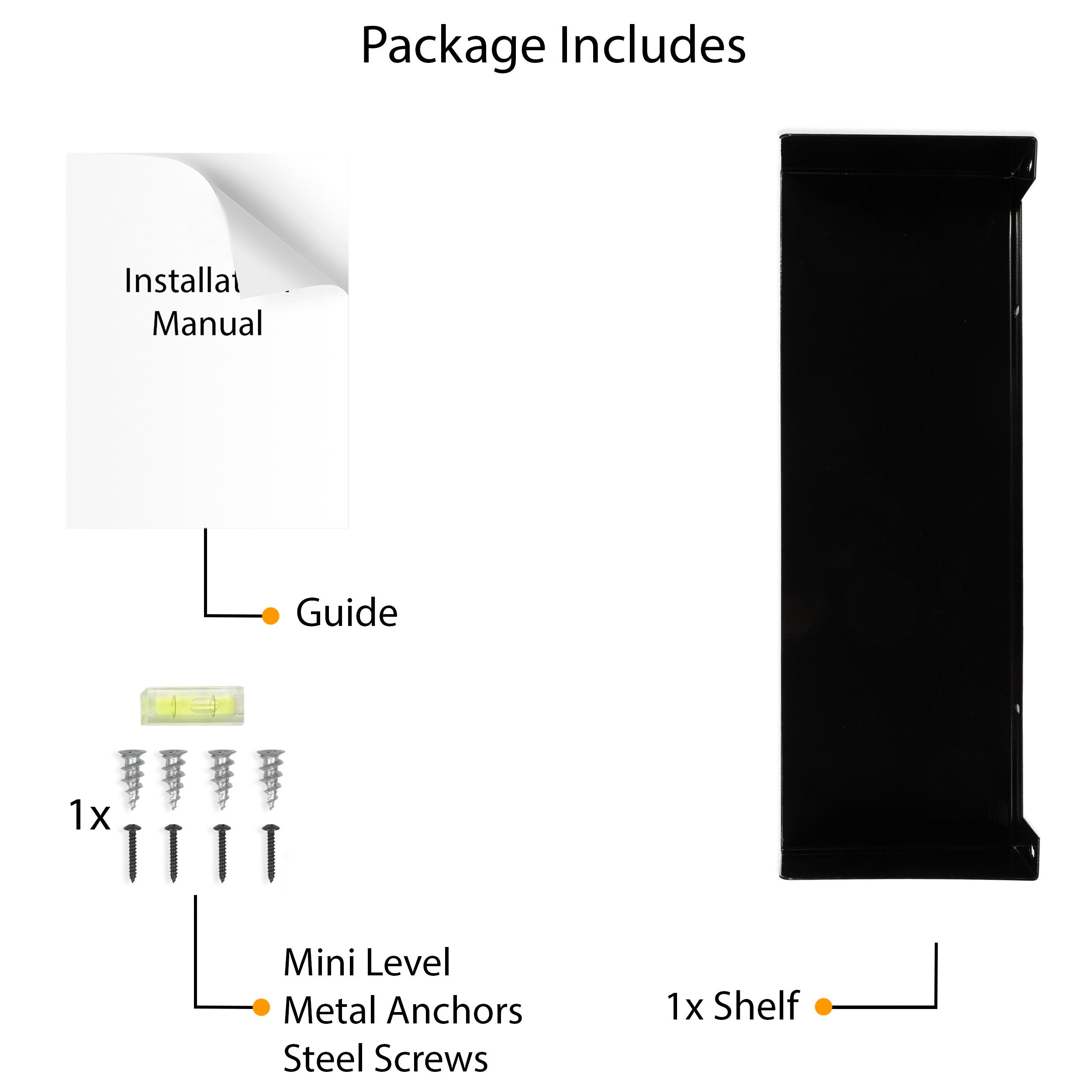 The package of black dvd shelf includes one black metal shelf, an installation manual, a mini level, metal anchors, and steel screws. This ensures an easy and secure setup process for your new wall shelf.