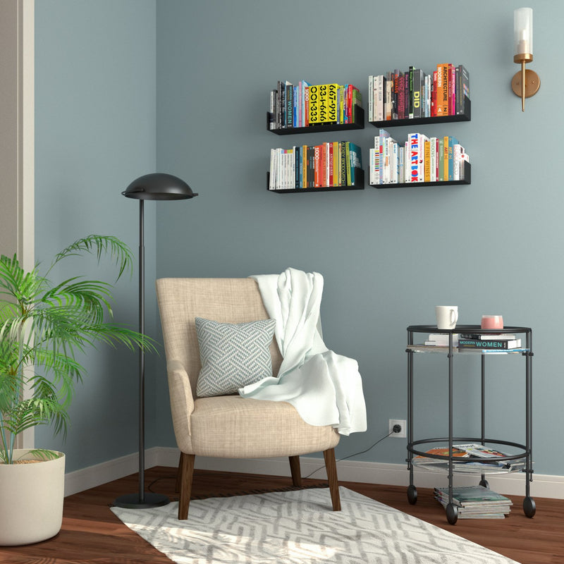 BALI U Shape Floating Shelves Wall Bookshelf for Bedroom Decor – 17" Length – Set of 4 – Black, White - Wallniture