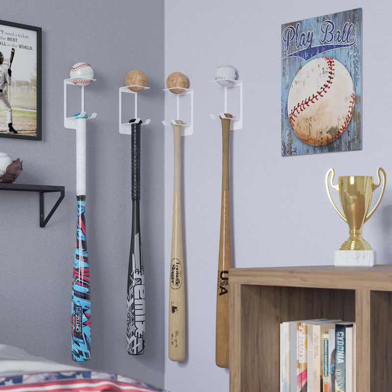 BASPO Baseball Bat & Baseball Holder Wall Storage Rack for Man Cave Decor and Kids Room Decor - Set of 4 - White, or Black