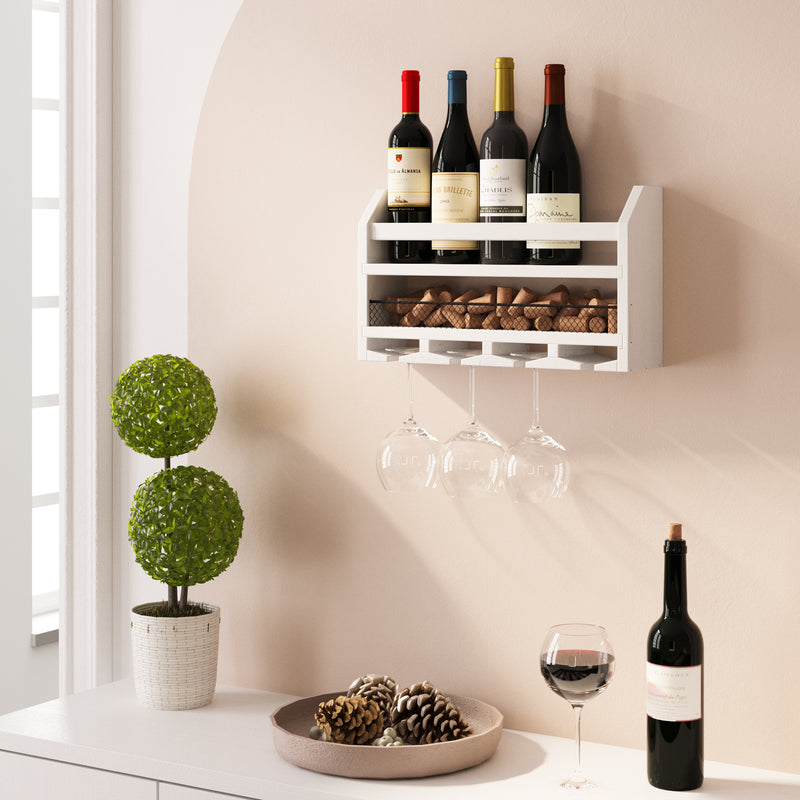 BLANC  Wall Wine Rack with Wine Cork Storage and Wine Glass Holder for Living Room Decor - Burnt White
