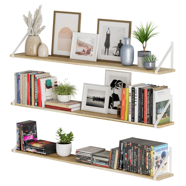 BORA Long Floating Shelves, 48"x6" Bookshelves for Living Room - Set of 3, or 4 - Burnt